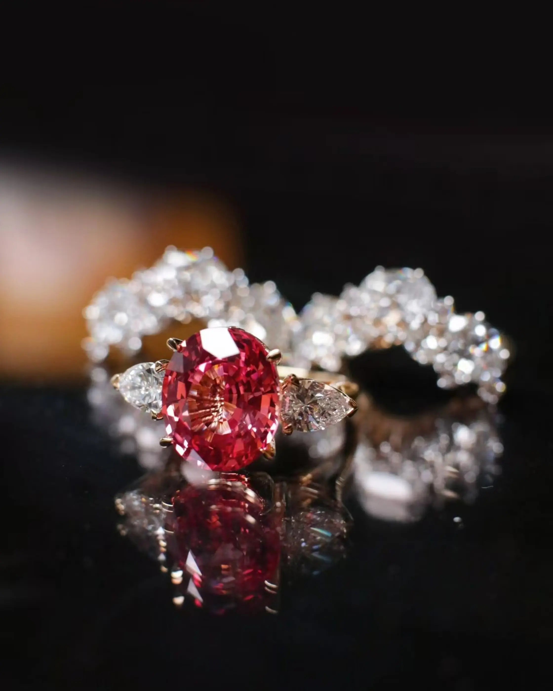 OEM/ODM/Wholesale 9K Gold Lab-Grown Padparadscha Sapphire & Diamond Ring | 8.675ct Center | 9.176ct Accents | 11g
