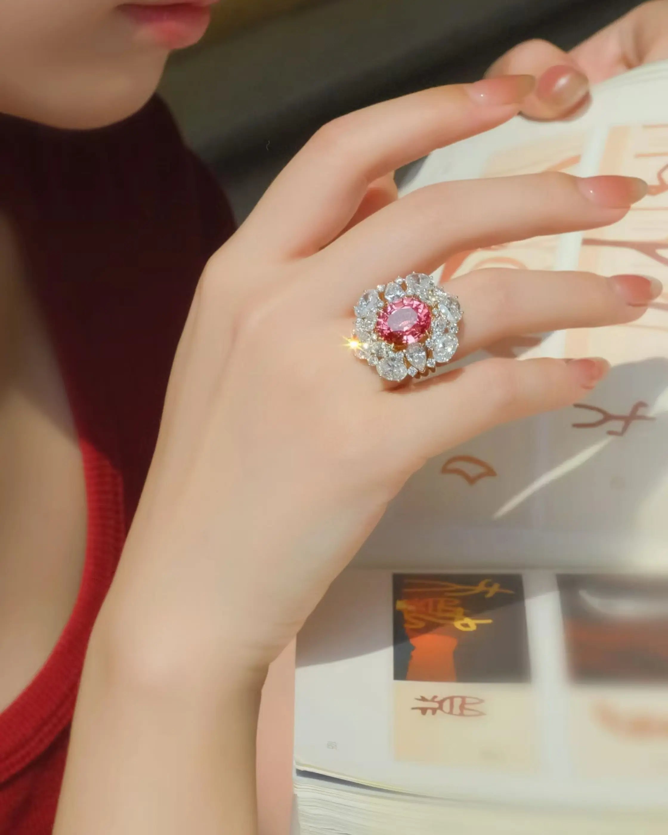 OEM/ODM/Wholesale 9K Gold Lab-Grown Padparadscha Sapphire & Diamond Ring | 8.675ct Center | 9.176ct Accents | 11g