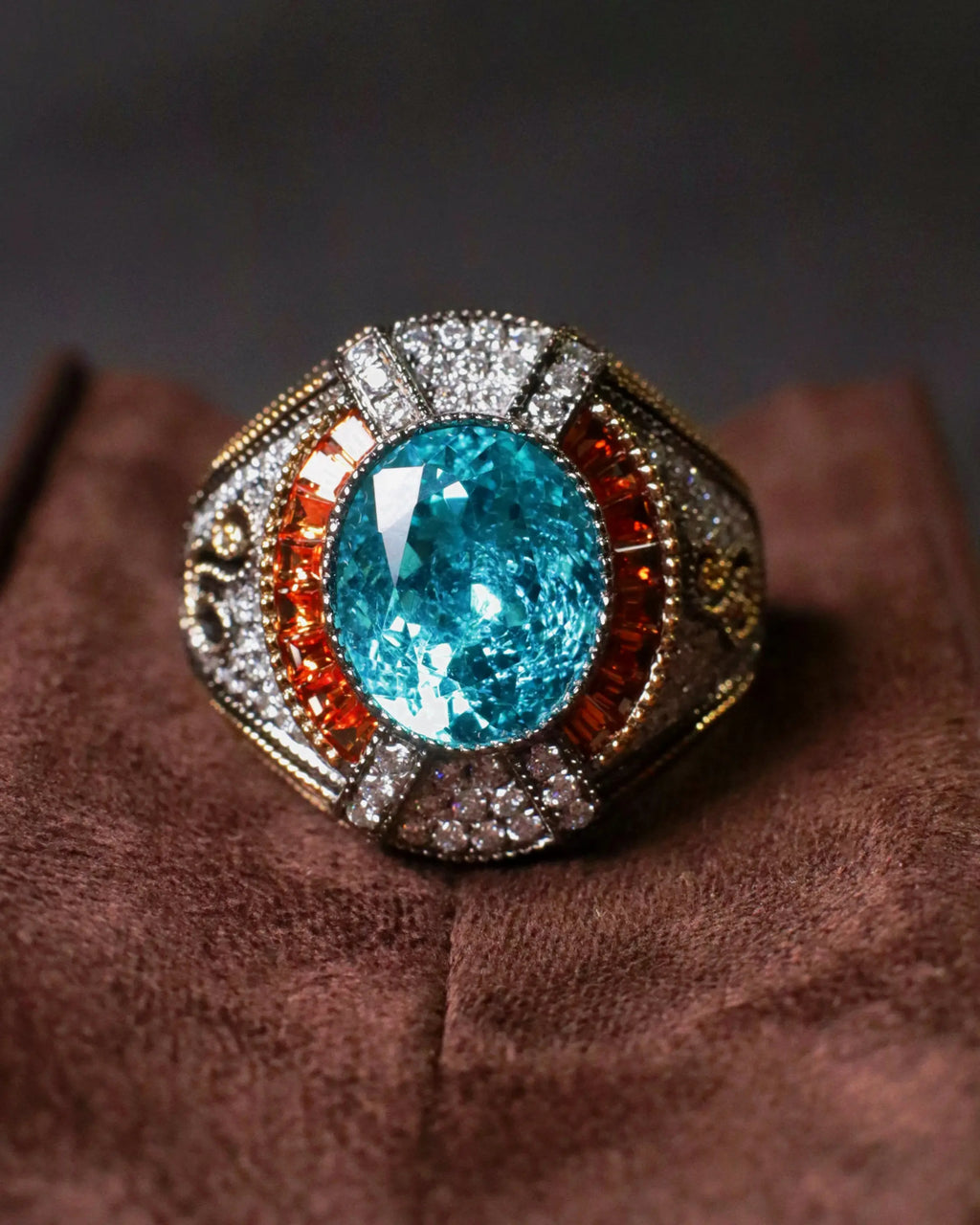 OEM/ODM/Wholesale Classic Lab-Grown Paraiba Ring with Fanta Stones & Lab Diamonds | 18K Gold | 8.75ct | 12g | Bold Luxury