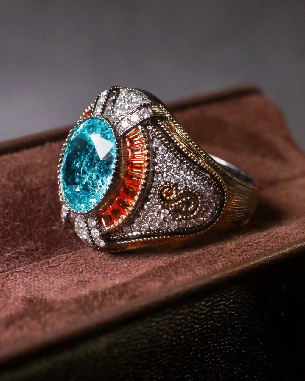 OEM/ODM/Wholesale Classic Lab-Grown Paraiba Ring with Fanta Stones & Lab Diamonds | 18K Gold | 8.75ct | 12g | Bold Luxury
