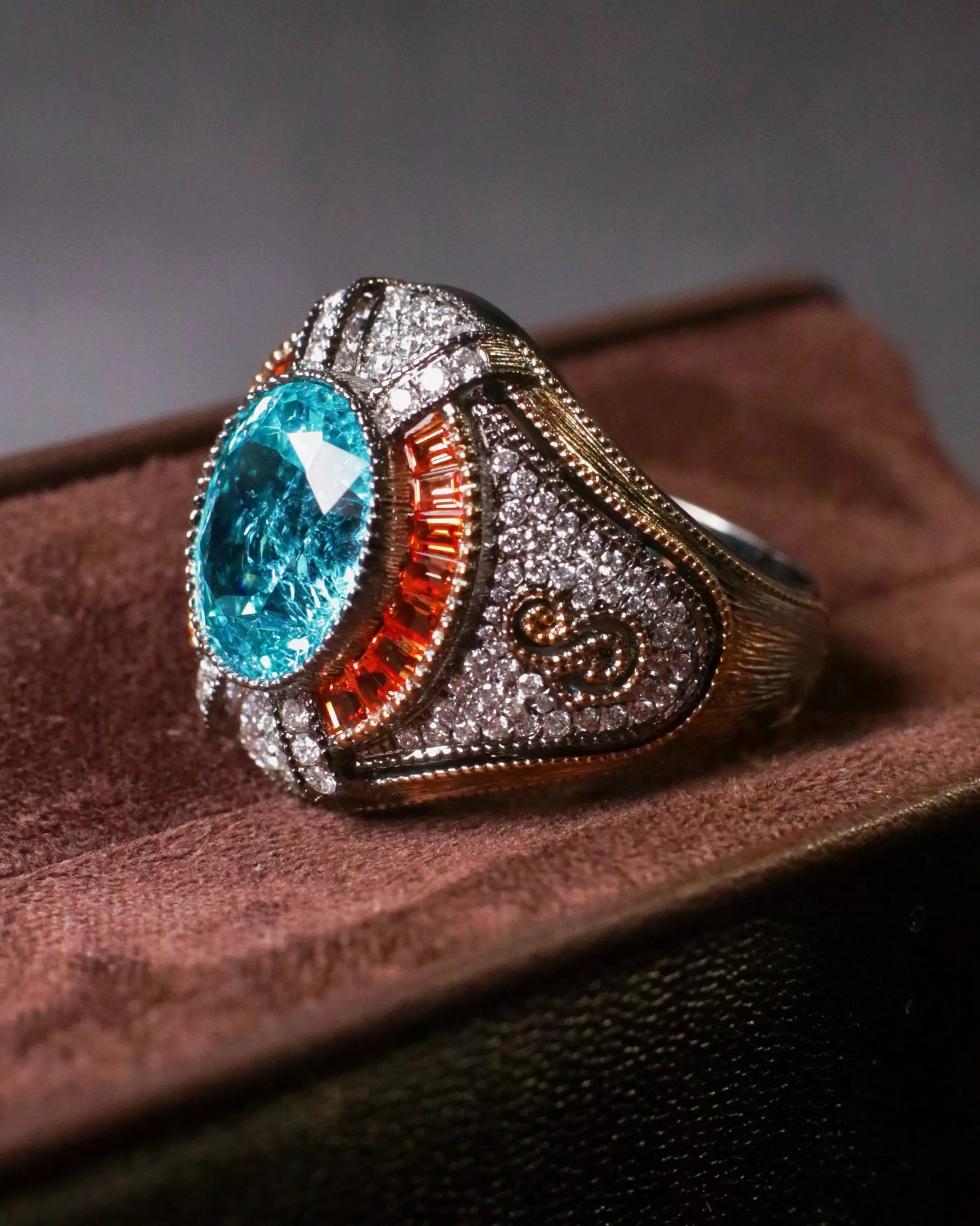 OEM/ODM/Wholesale Classic Lab-Grown Paraiba Ring with Fanta Stones & Lab Diamonds | 18K Gold | 8.75ct | 12g | Bold Luxury