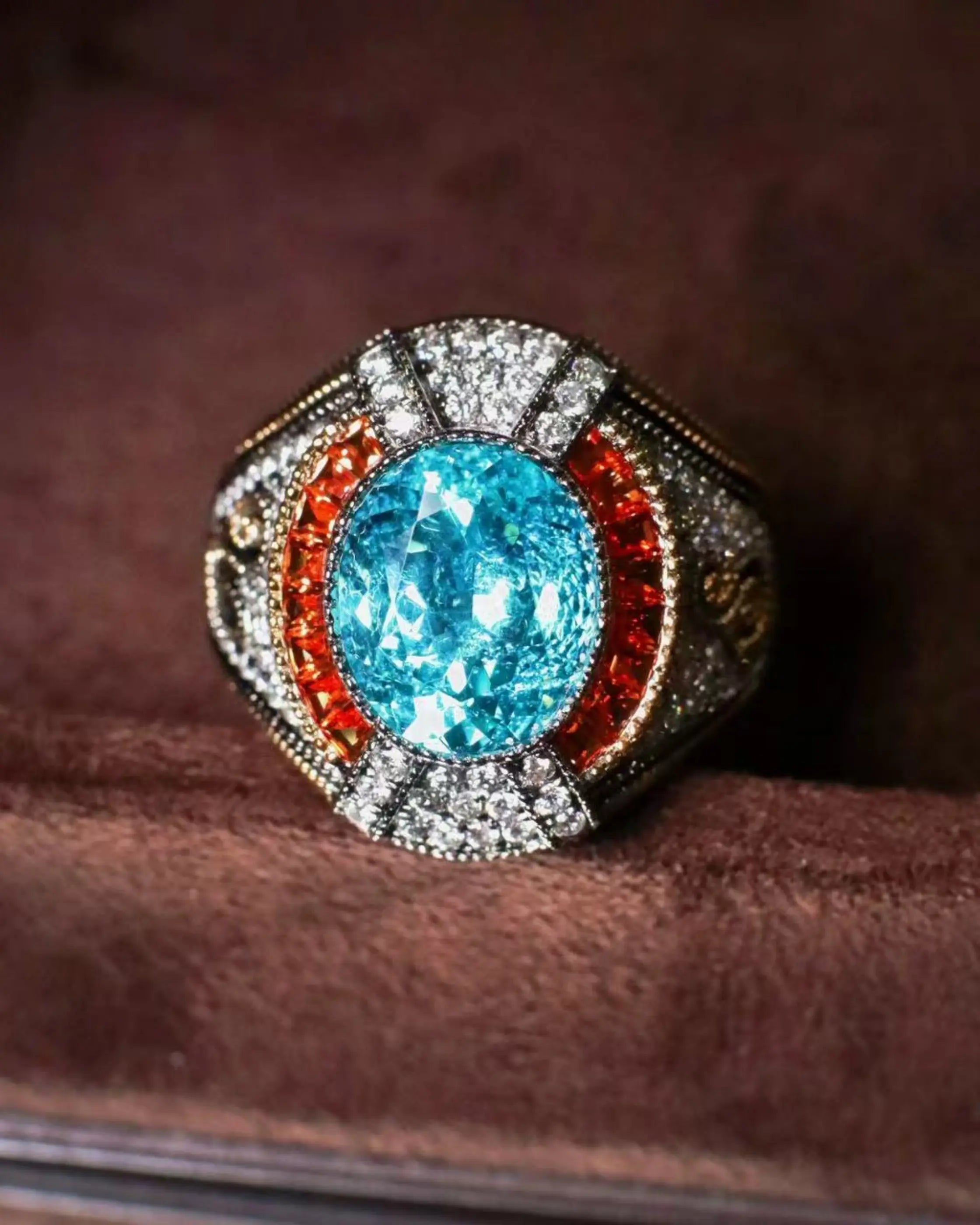 OEM/ODM/Wholesale Classic Lab-Grown Paraiba Ring with Fanta Stones & Lab Diamonds | 18K Gold | 8.75ct | 12g | Bold Luxury