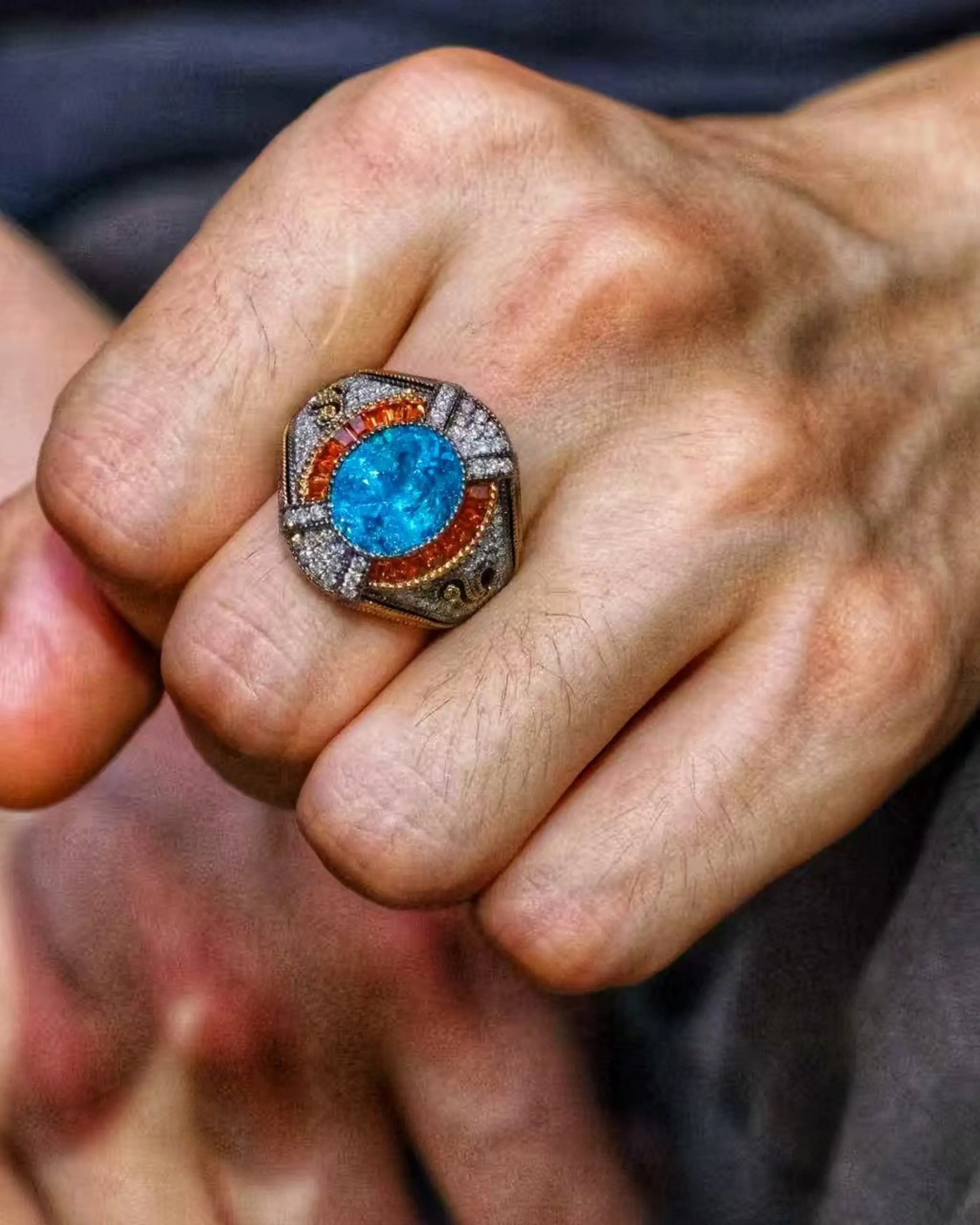 OEM/ODM/Wholesale Classic Lab-Grown Paraiba Ring with Fanta Stones & Lab Diamonds | 18K Gold | 8.75ct | 12g | Bold Luxury