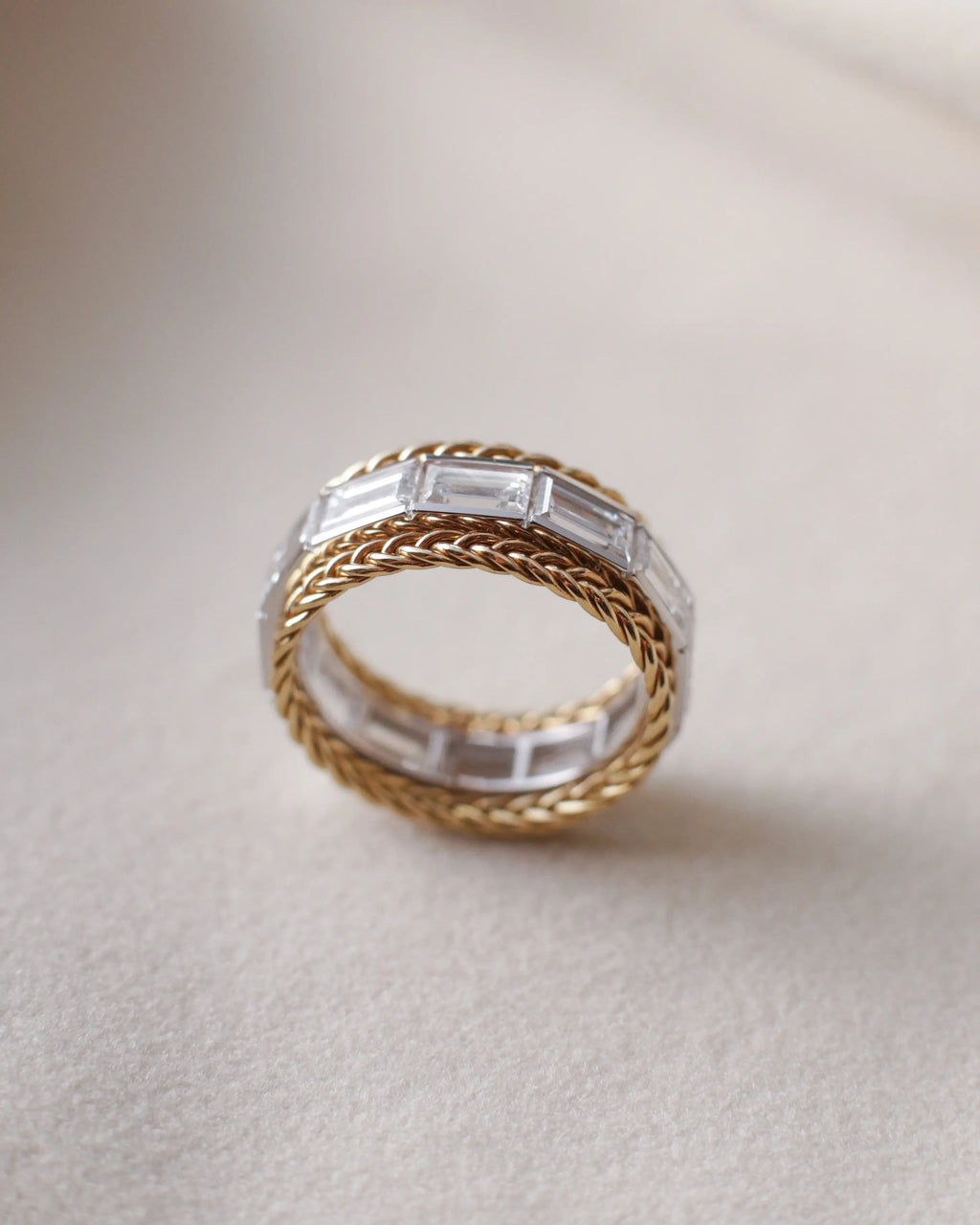 OEM / ODM / Wholesale Lab-Grown Diamond Eternity Band in 18K Gold | 4.05ct Baguette-Cut Stones | Braided Dual-Tone Design