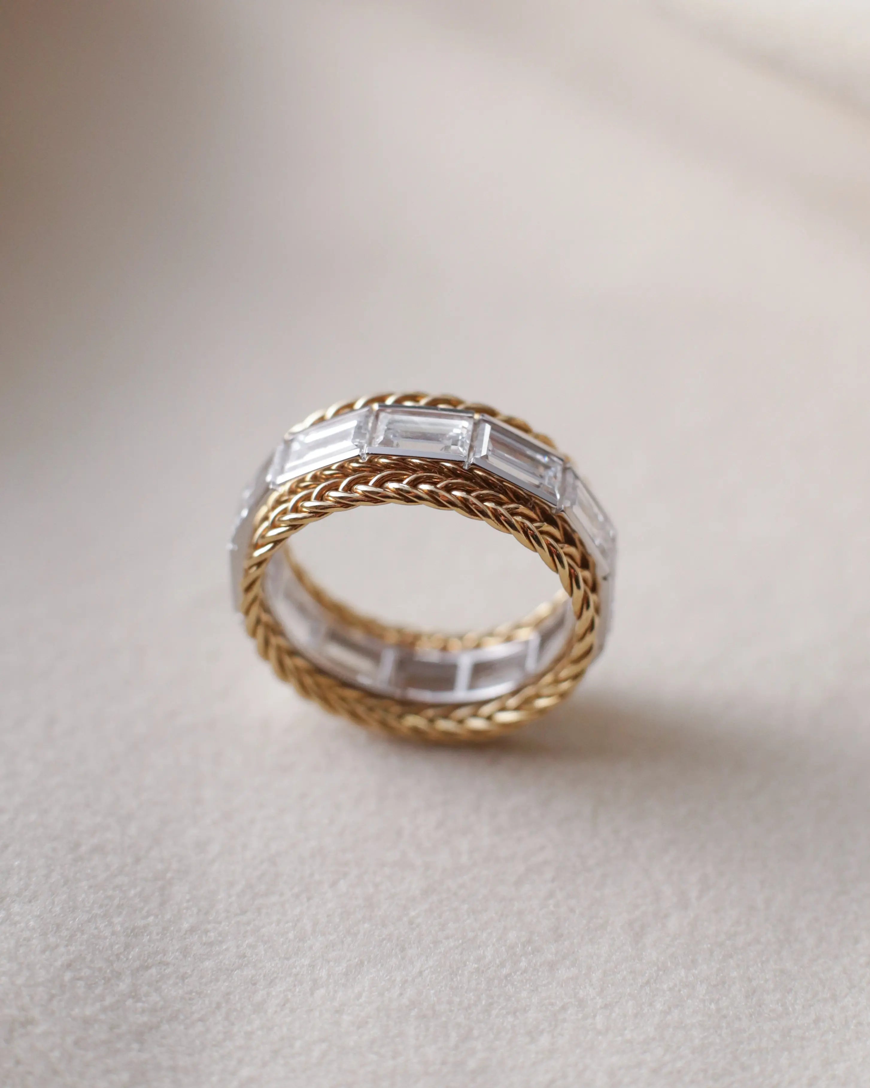 OEM / ODM / Wholesale Lab-Grown Diamond Eternity Band in 18K Gold | 4.05ct Baguette-Cut Stones | Braided Dual-Tone Design
