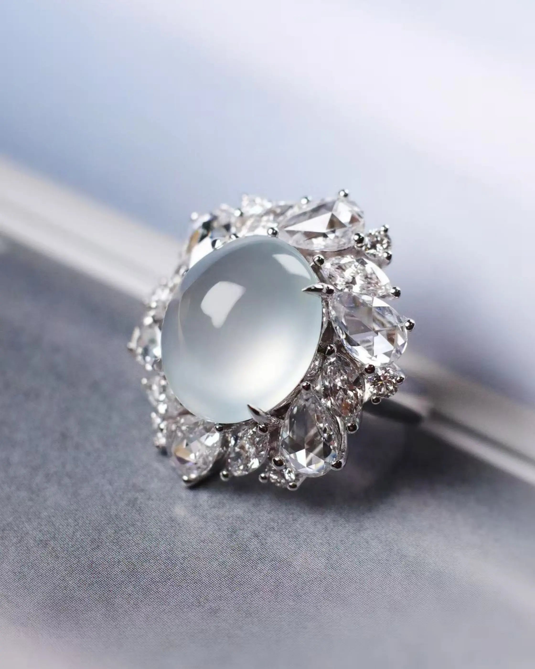 OEM/ODM/Wholesale 18K White Gold Jadeite & Lab Diamond Statement Ring | 12.8×14.5×8.4mm Cabochon | 10.48g