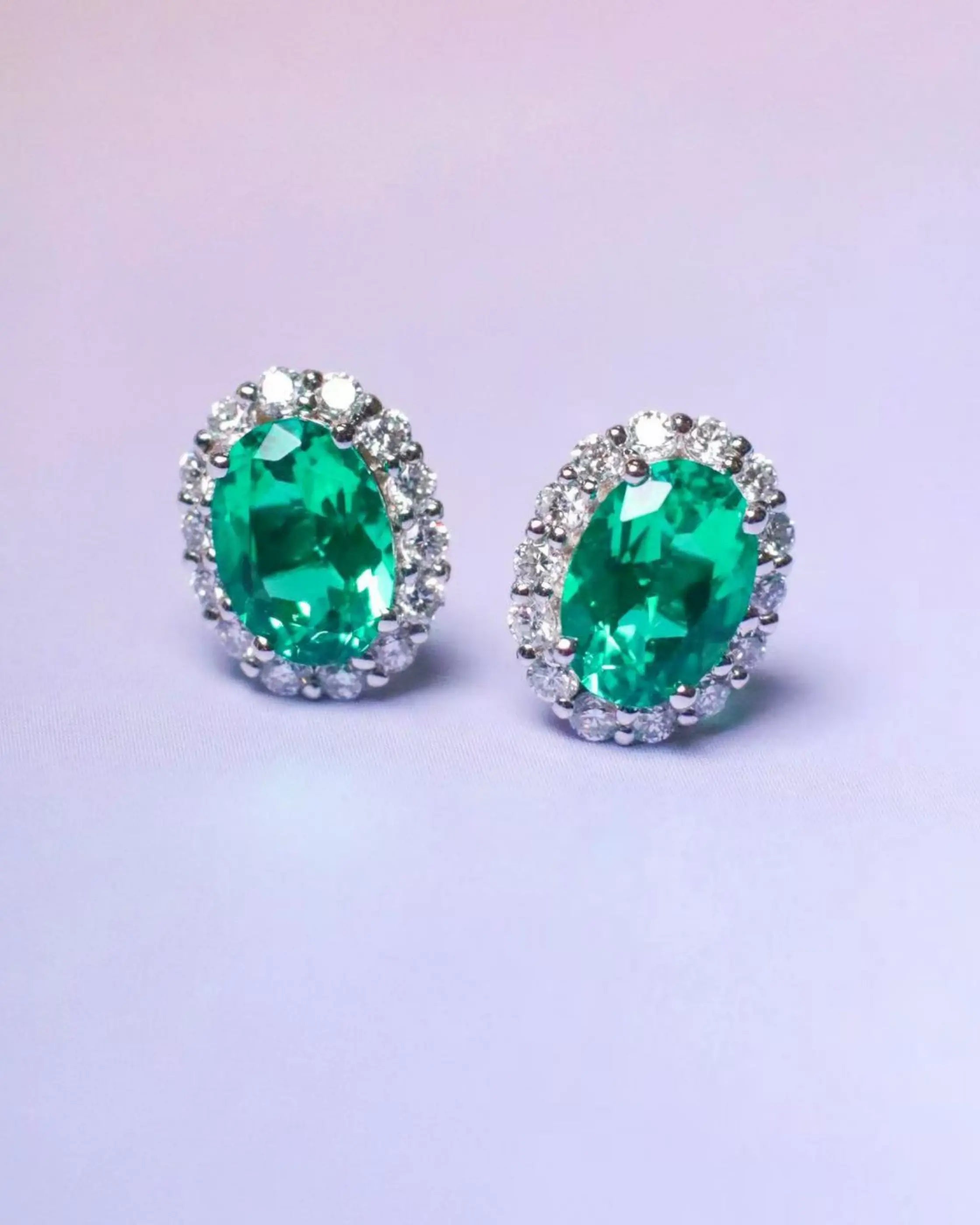 OEM/ODM/Wholesale Oval Lab-Grown Emerald Halo Stud Earrings in 9K White Gold | 1.40ct + 0.42ct | 2.0g | Classic Elegance