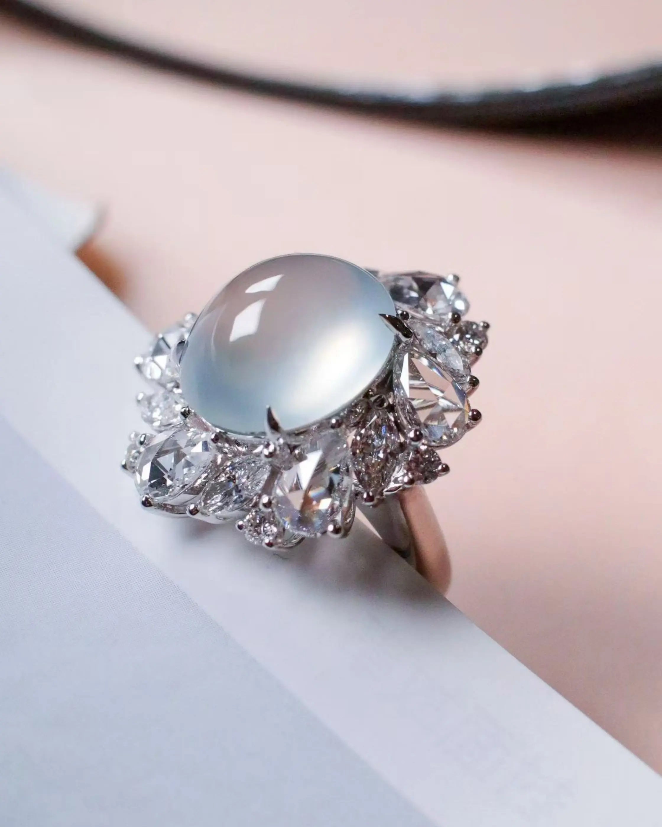 OEM/ODM/Wholesale 18K White Gold Jadeite & Lab Diamond Statement Ring | 12.8×14.5×8.4mm Cabochon | 10.48g