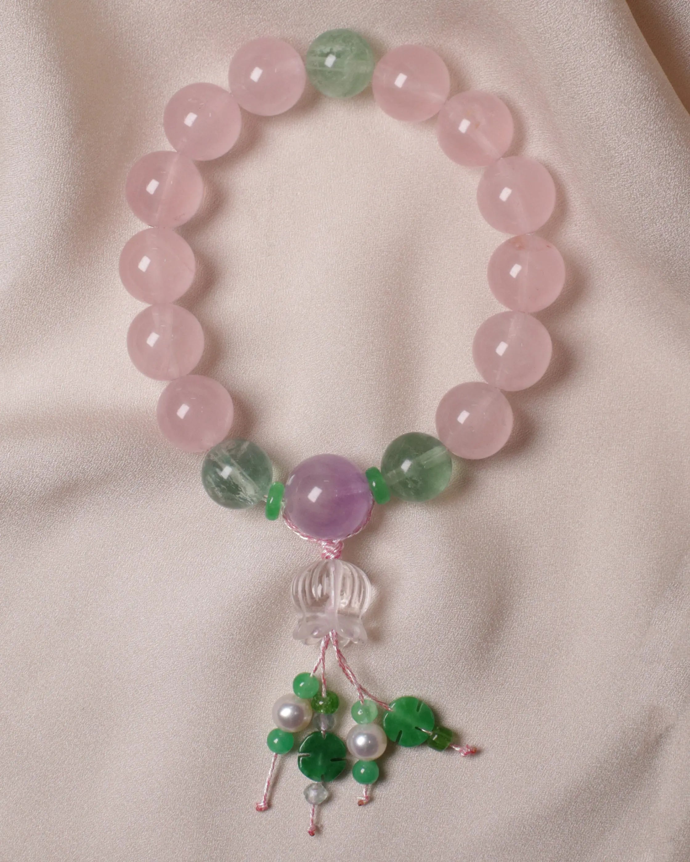 OEM/ODM/Wholesale Rose Quartz, Green Strawberry Quartz & Amethyst Bracelet | 15–17cm | With Pearl Charms