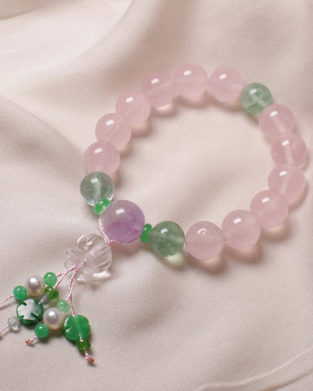 OEM/ODM/Wholesale Rose Quartz, Green Strawberry Quartz & Amethyst Bracelet | 15–17cm | With Pearl Charms