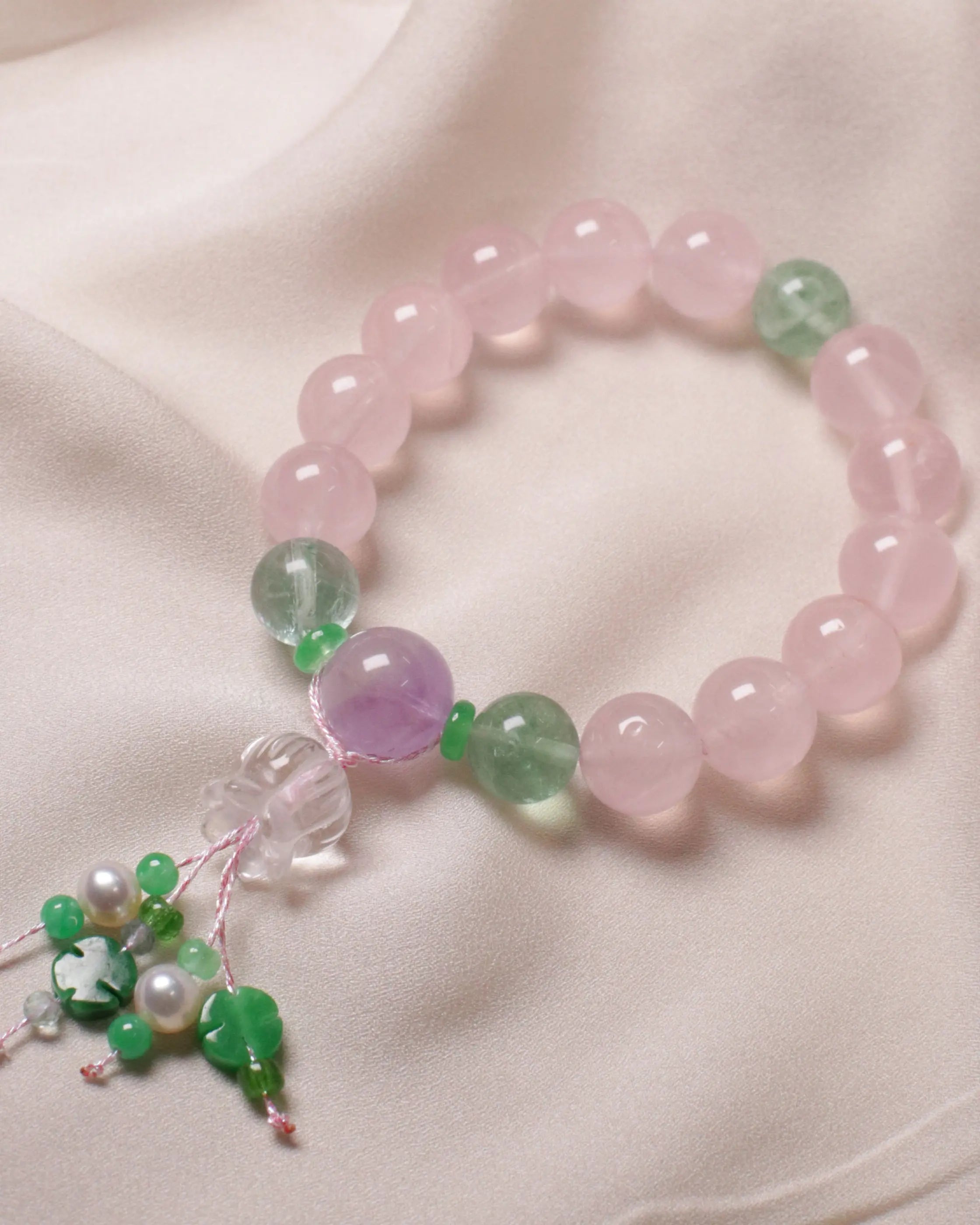 OEM/ODM/Wholesale Rose Quartz, Green Strawberry Quartz & Amethyst Bracelet | 15–17cm | With Pearl Charms