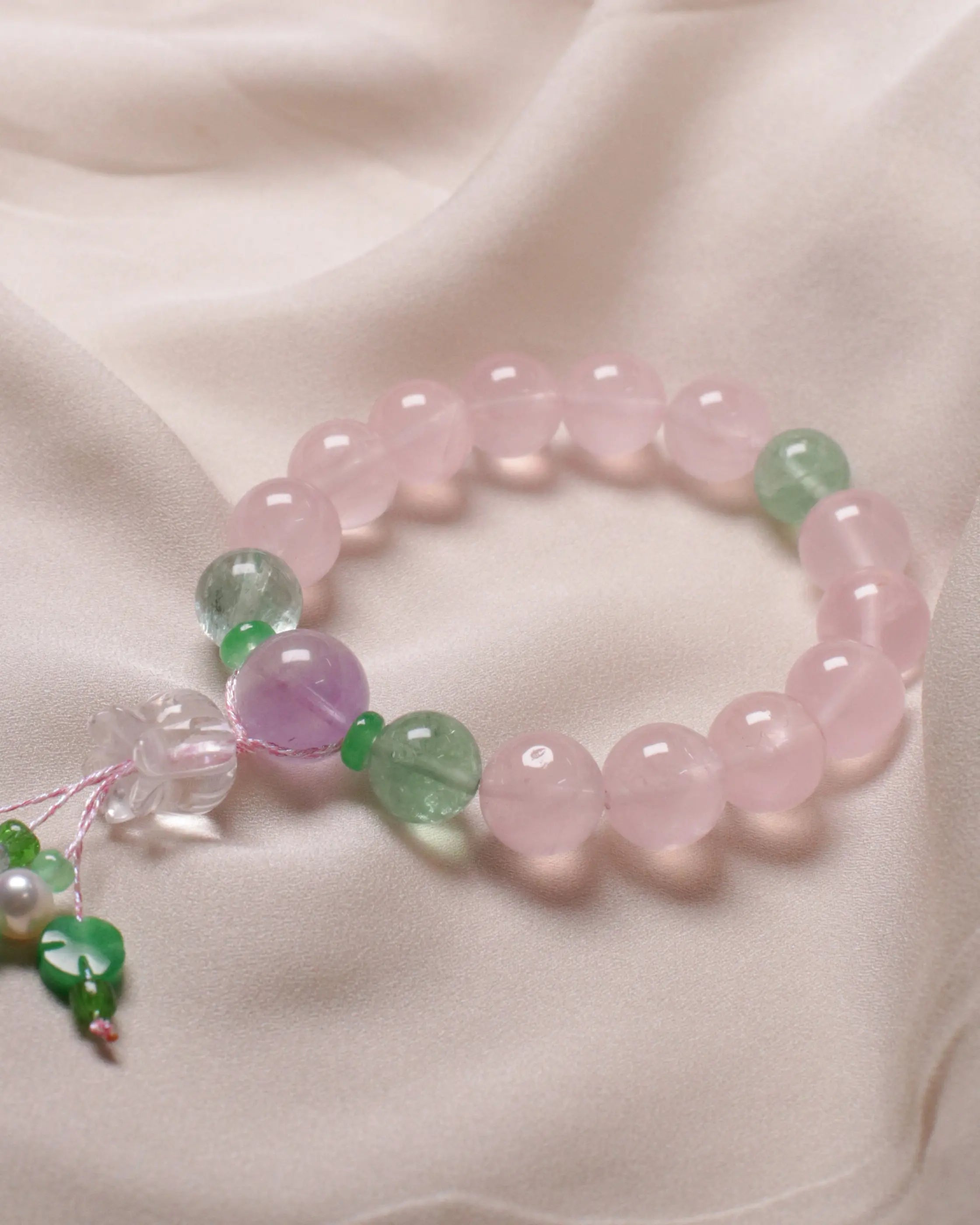OEM/ODM/Wholesale Rose Quartz, Green Strawberry Quartz & Amethyst Bracelet | 15–17cm | With Pearl Charms