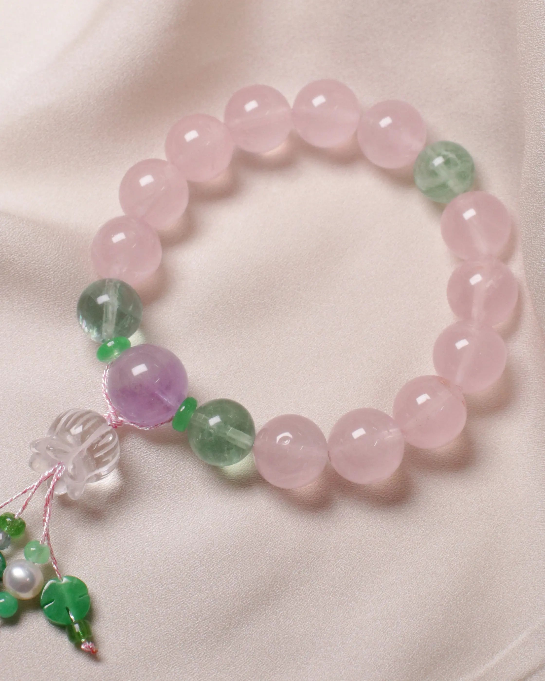 OEM/ODM/Wholesale Rose Quartz, Green Strawberry Quartz & Amethyst Bracelet | 15–17cm | With Pearl Charms
