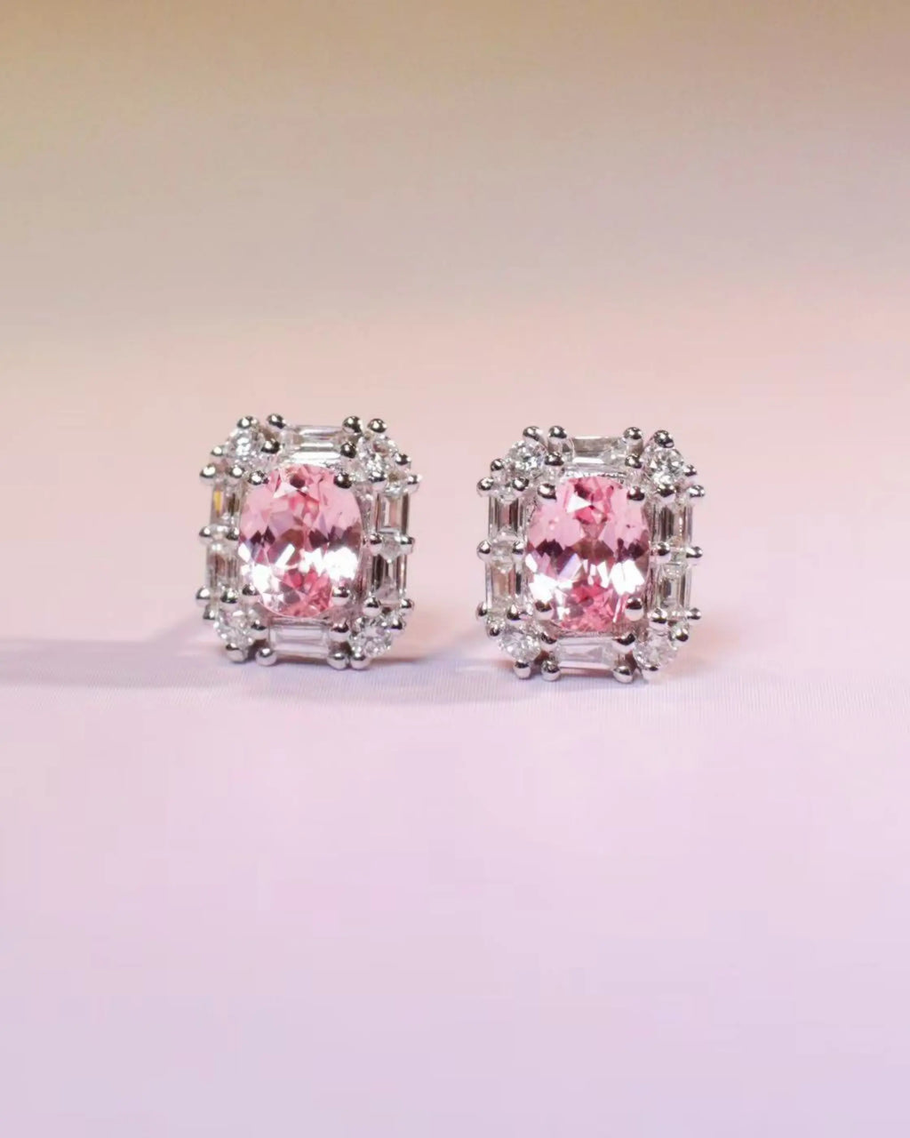 OEM/ODM/Wholesale Lab-Grown Pink Sapphire Halo Earrings in 9K White Gold | 1.02ct Center | 0.255ct Accents | 2g