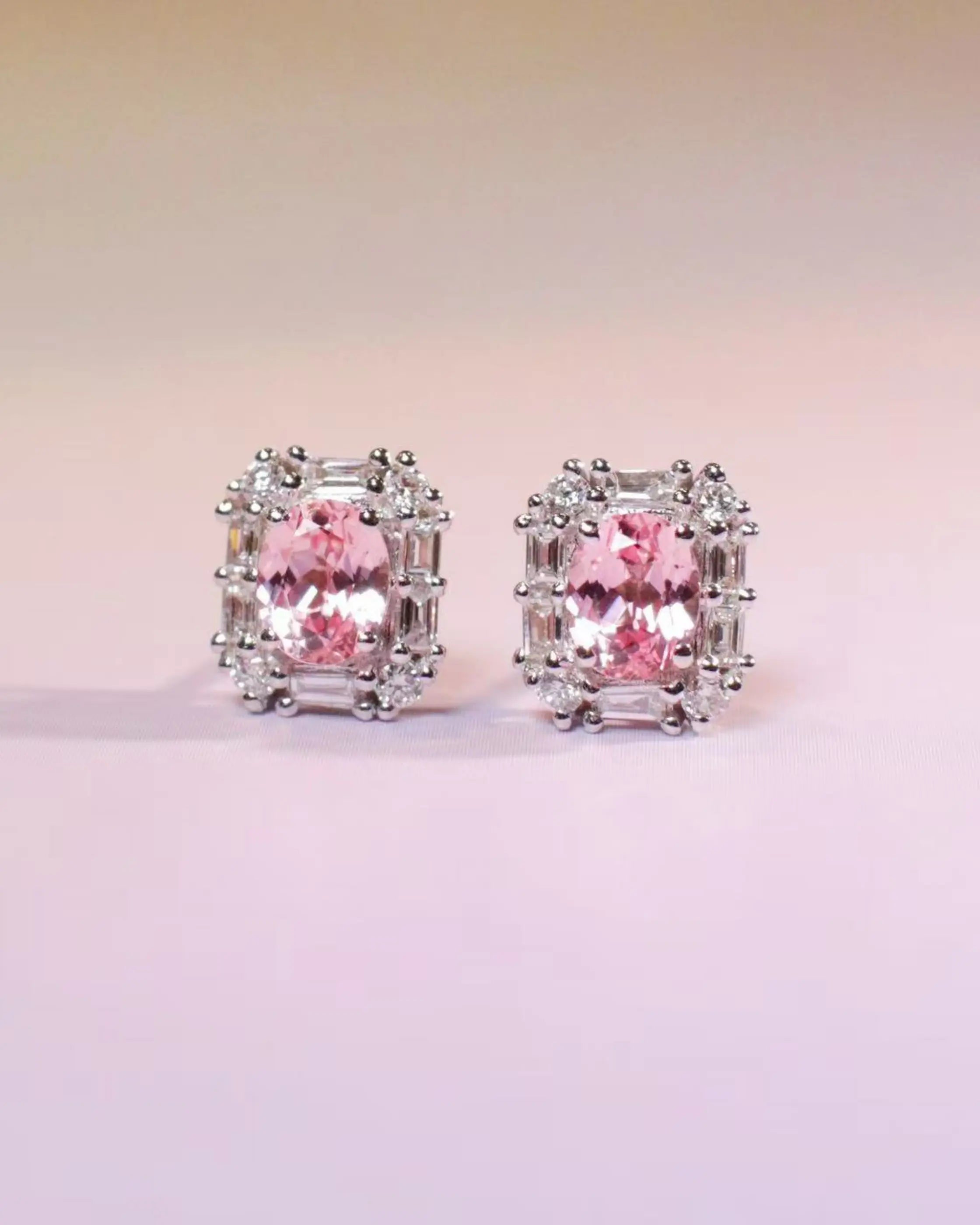 OEM/ODM/Wholesale Lab-Grown Pink Sapphire Halo Earrings in 9K White Gold | 1.02ct Center | 0.255ct Accents | 2g