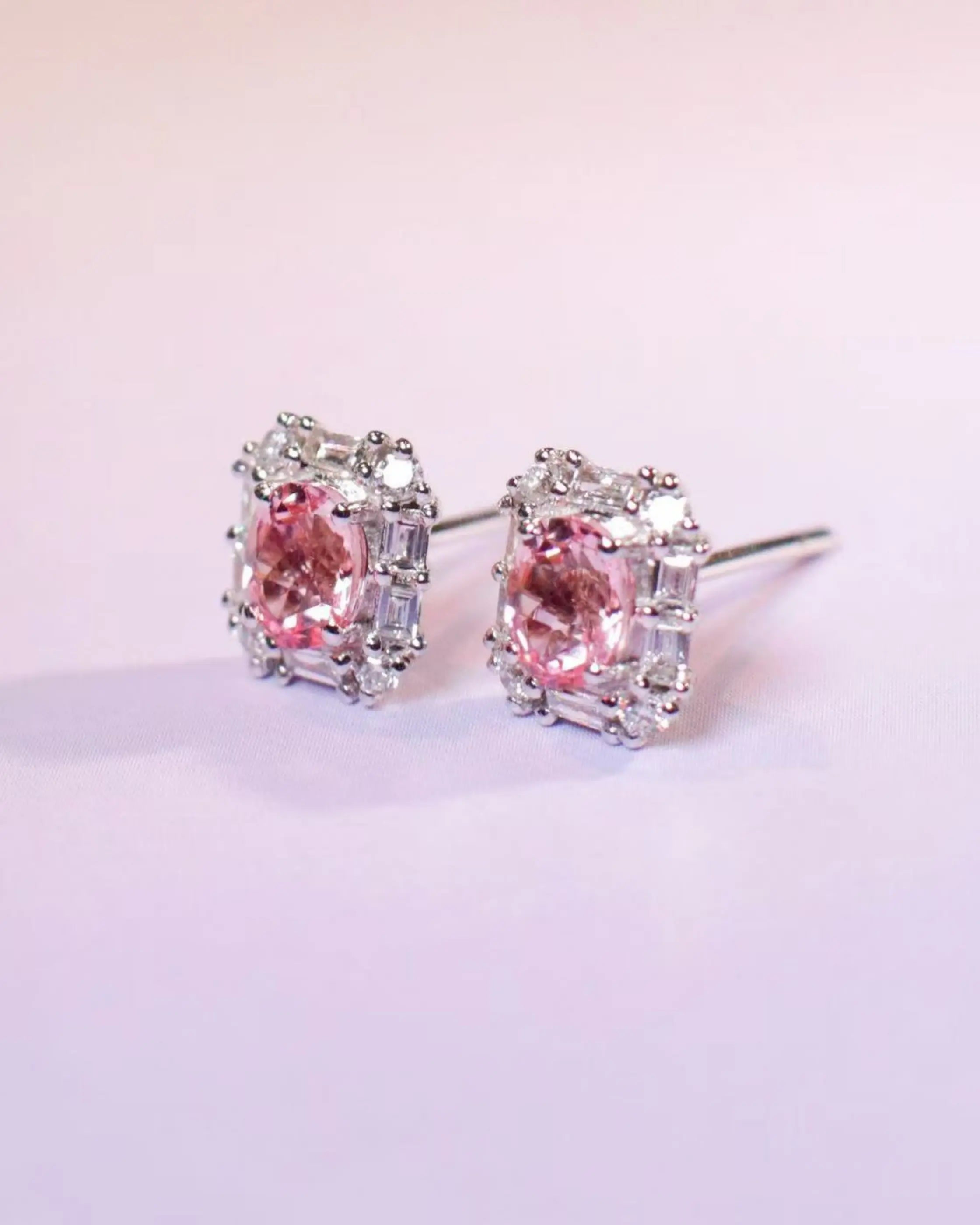 OEM/ODM/Wholesale Lab-Grown Pink Sapphire Halo Earrings in 9K White Gold | 1.02ct Center | 0.255ct Accents | 2g