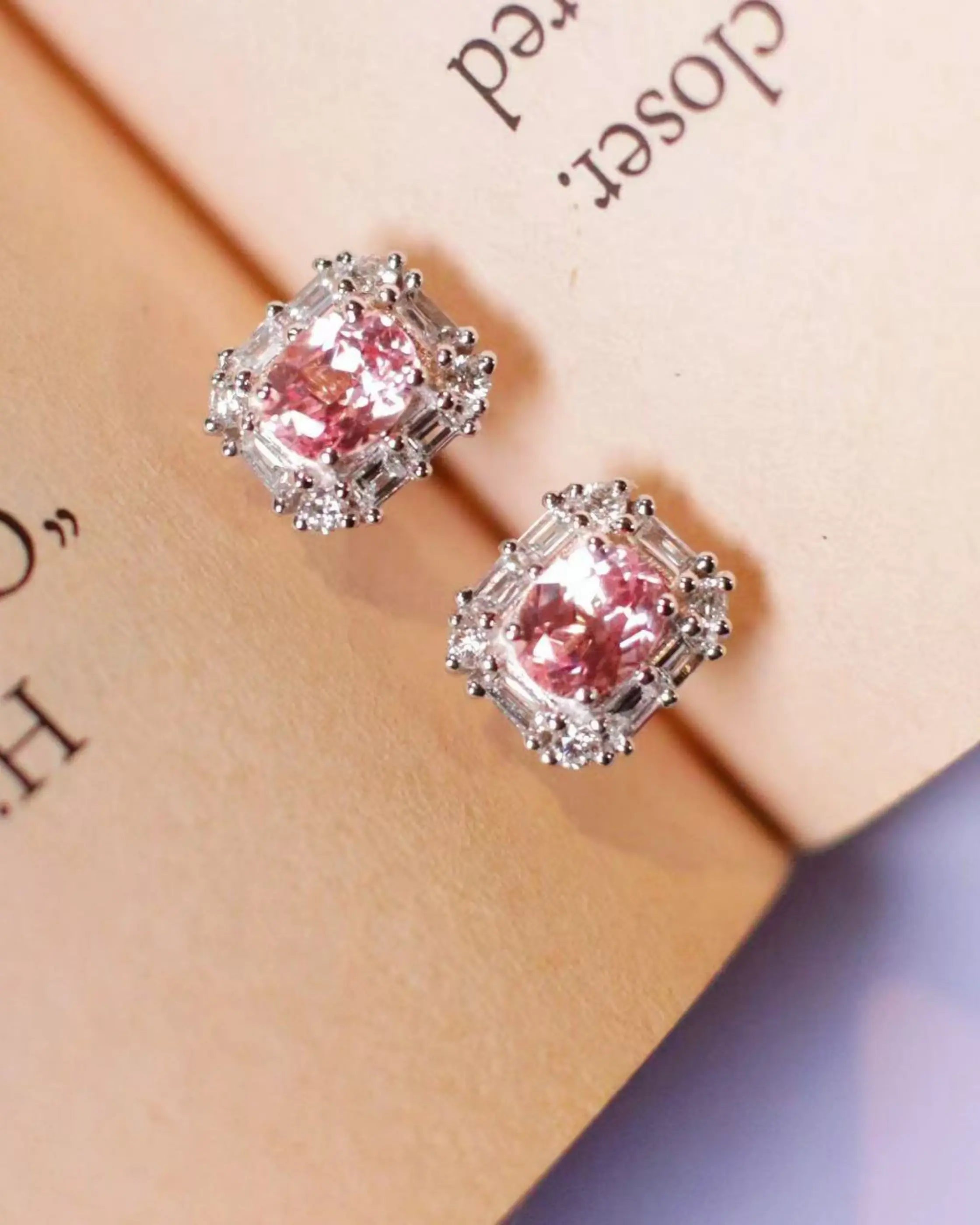 OEM/ODM/Wholesale Lab-Grown Pink Sapphire Halo Earrings in 9K White Gold | 1.02ct Center | 0.255ct Accents | 2g