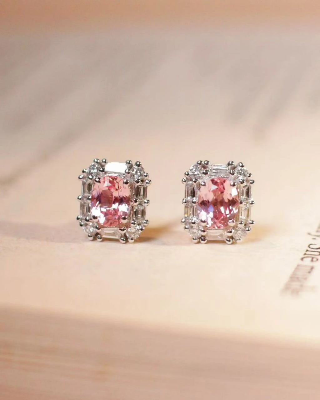 OEM/ODM/Wholesale Lab-Grown Pink Sapphire Halo Earrings in 9K White Gold | 1.02ct Center | 0.255ct Accents | 2g