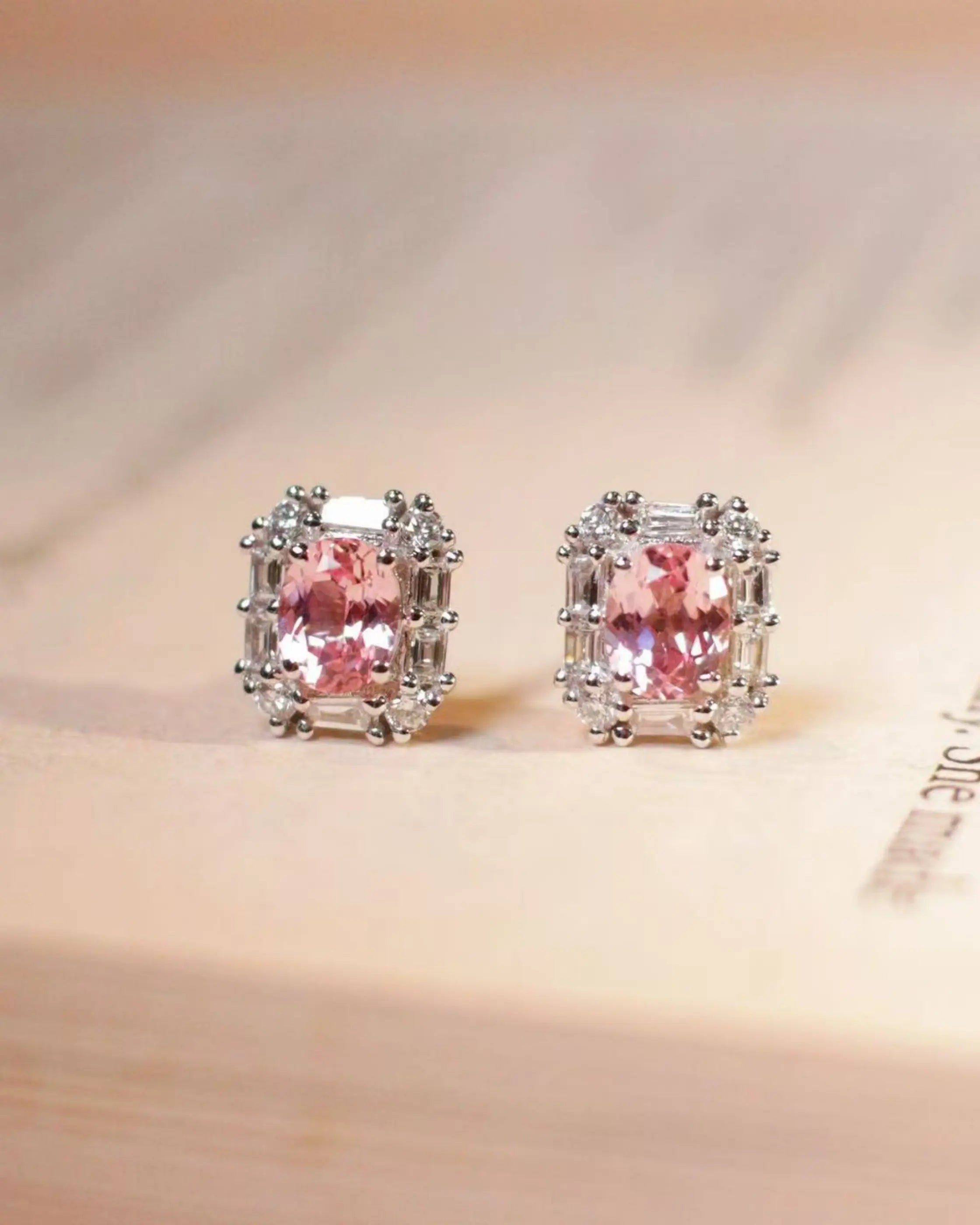 OEM/ODM/Wholesale Lab-Grown Pink Sapphire Halo Earrings in 9K White Gold | 1.02ct Center | 0.255ct Accents | 2g