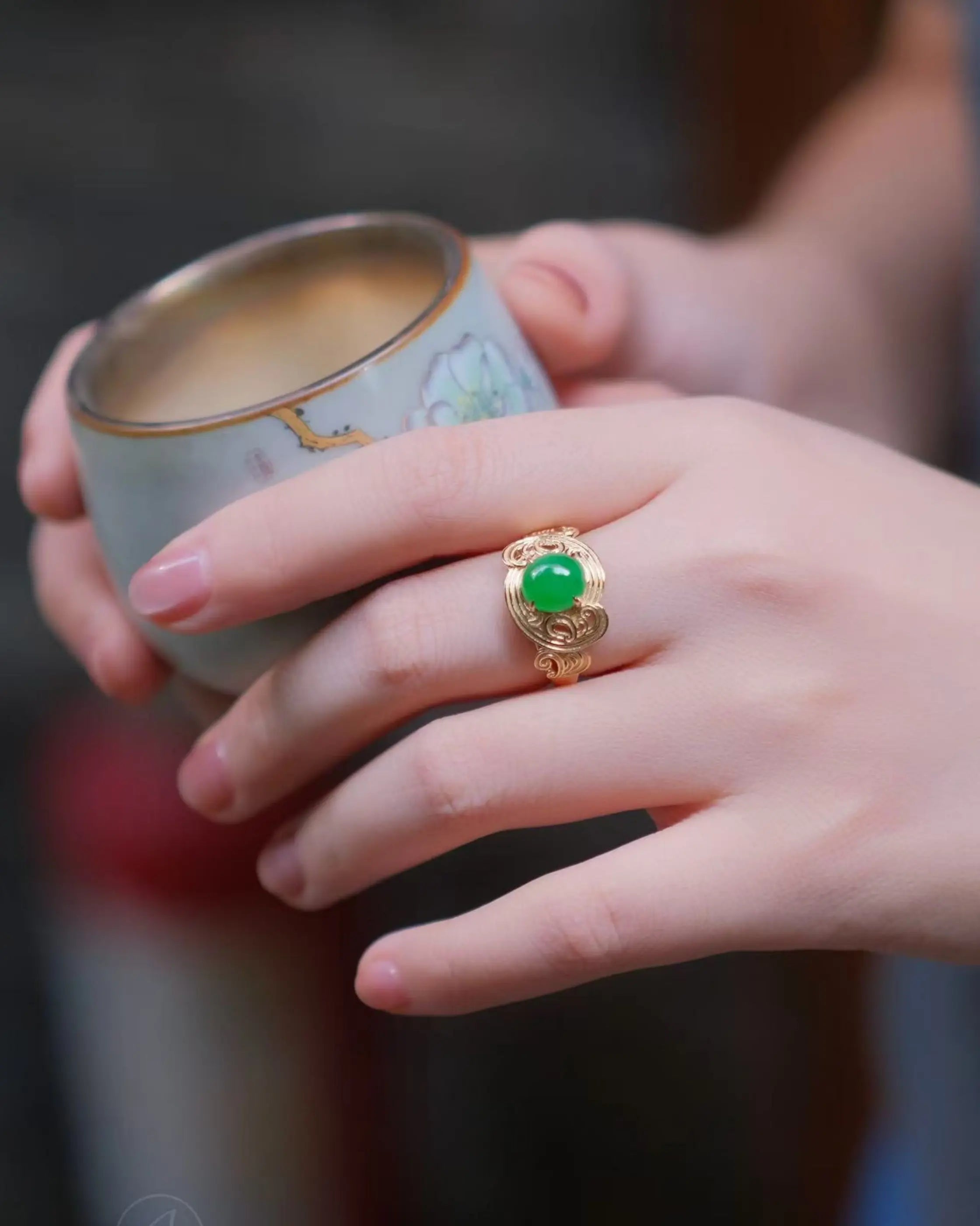 OEM/ODM/Wholesale 18K Gold Jadeite Ring | 7.5mm Green Jade | 4.44g