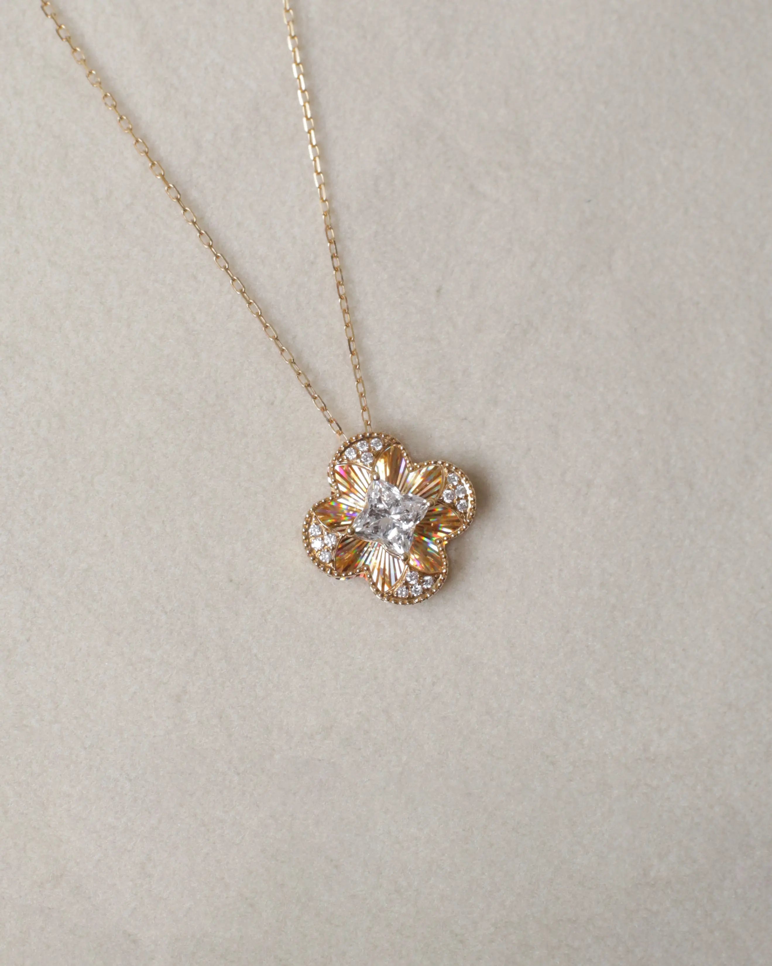OEM / ODM / Wholesale Lab-Grown Diamond Flower Pendant Necklace in 18K Gold | 0.547ct Center Stone + 0.050ct Accents | Floral Design