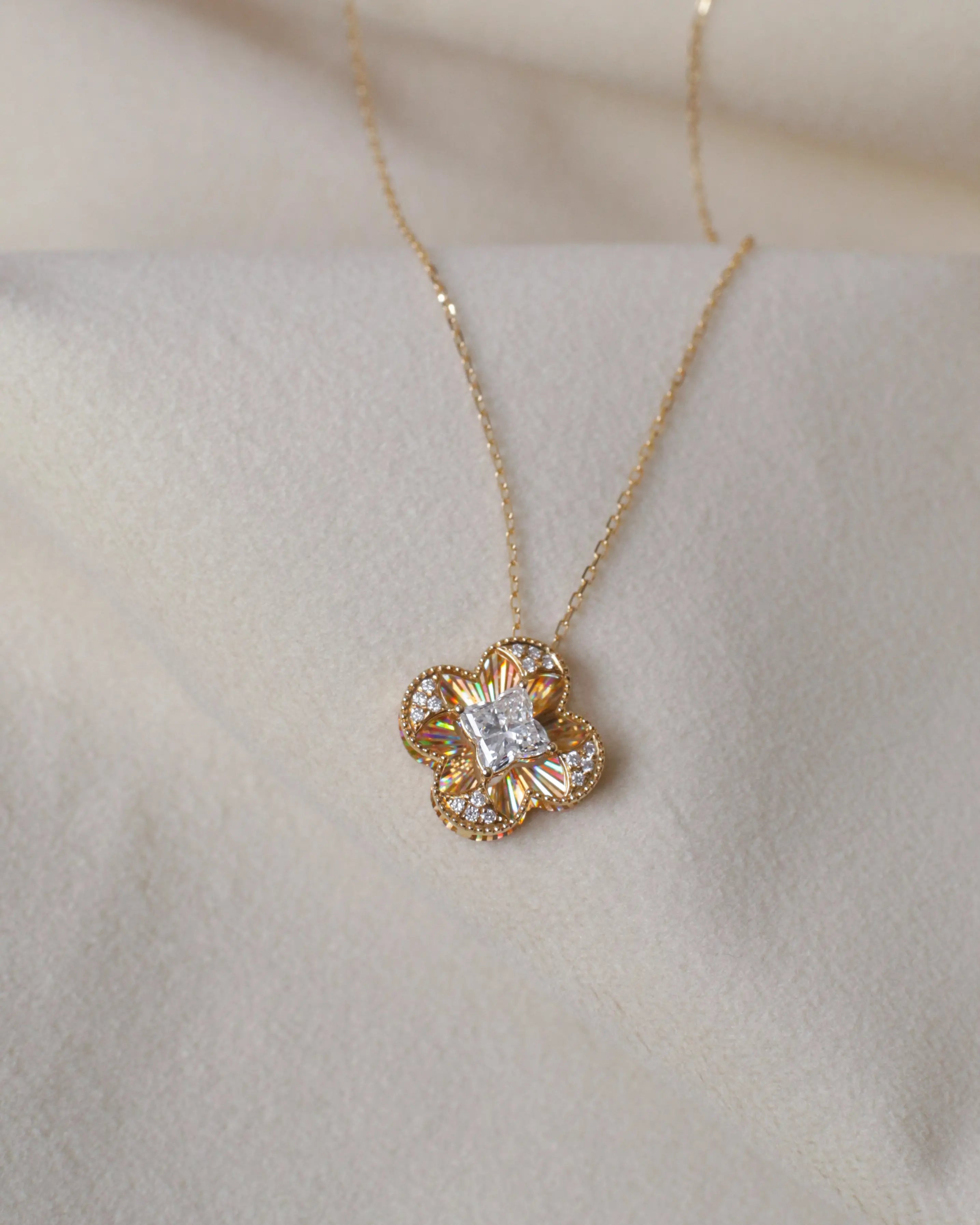 OEM / ODM / Wholesale Lab-Grown Diamond Flower Pendant Necklace in 18K Gold | 0.547ct Center Stone + 0.050ct Accents | Floral Design