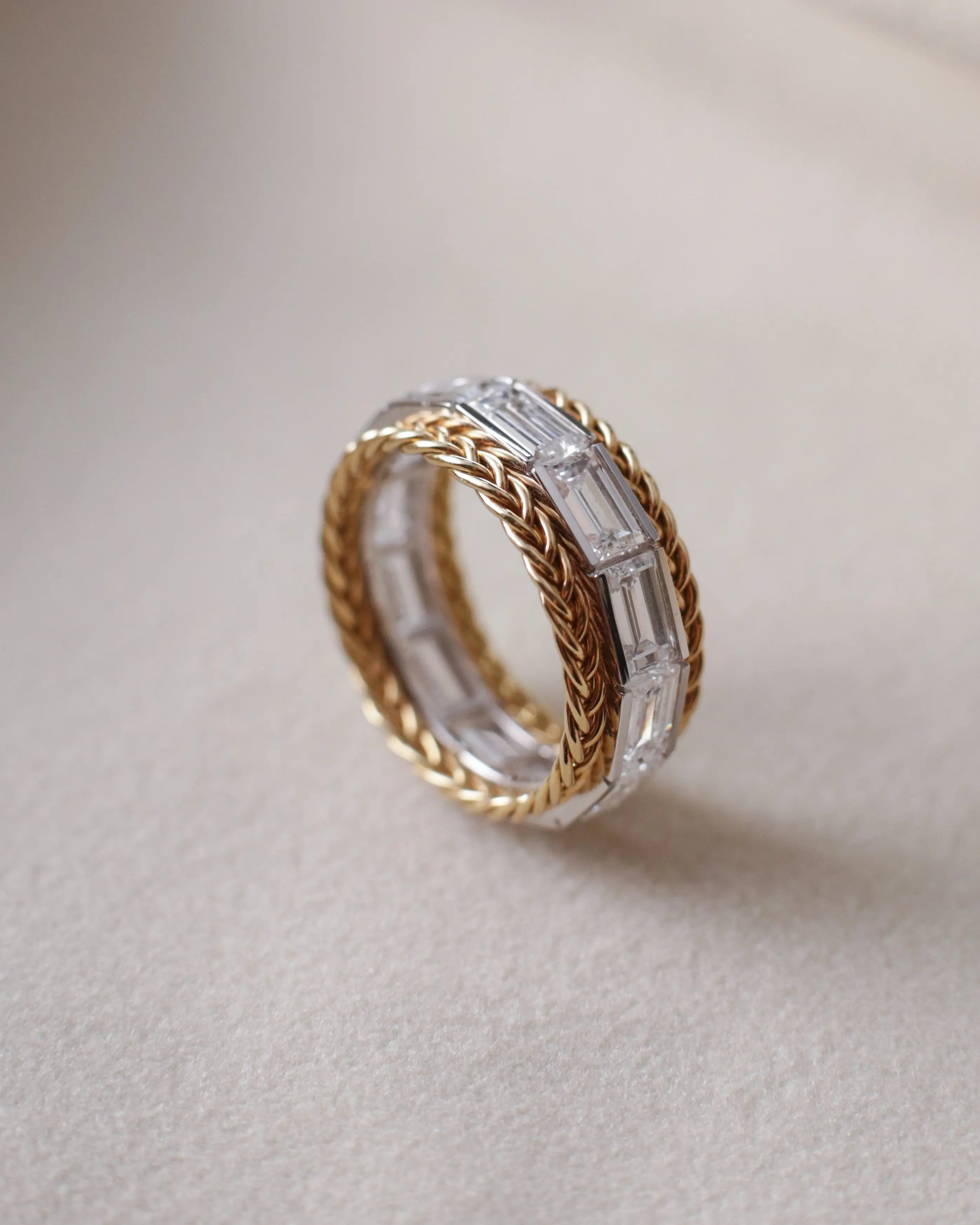 OEM / ODM / Wholesale Lab-Grown Diamond Eternity Band in 18K Gold | 4.05ct Baguette-Cut Stones | Braided Dual-Tone Design