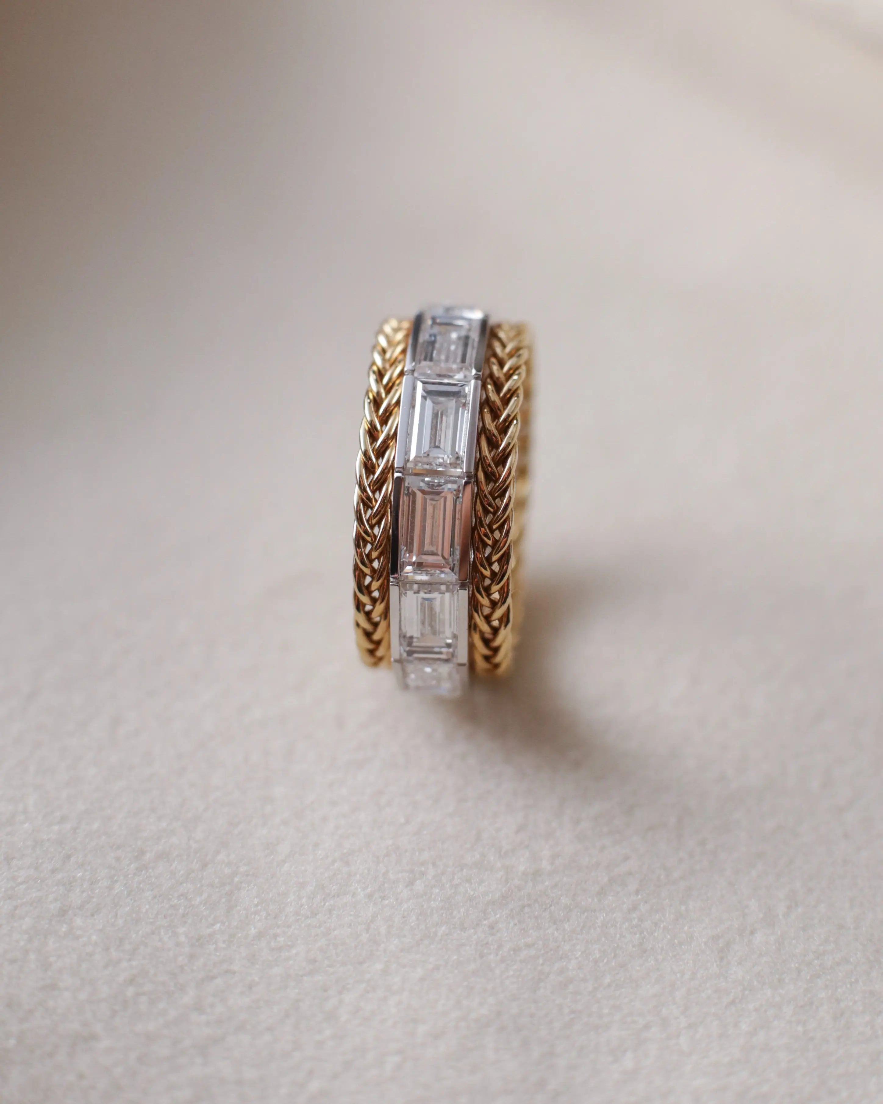 OEM / ODM / Wholesale Lab-Grown Diamond Eternity Band in 18K Gold | 4.05ct Baguette-Cut Stones | Braided Dual-Tone Design